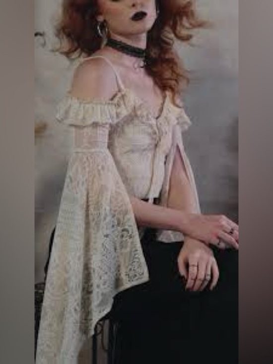 Killstar Tops - Killstar Breathless Lace Bardot Ivory Cream Lace Off-Shoulder Bell Sleeve Gothic